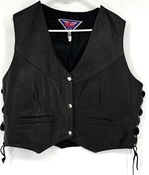 Vintage MOB Blk Leather Sz 2X Laces Silver Conchas Vest Pockets